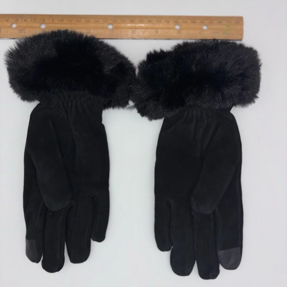 NEW Deer Suede Leather Driving Gloves Skin Faux Fur Cuff Black‎ Touchscreen Wool